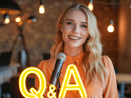 Q&A sign in front of blonde girl holding microphone