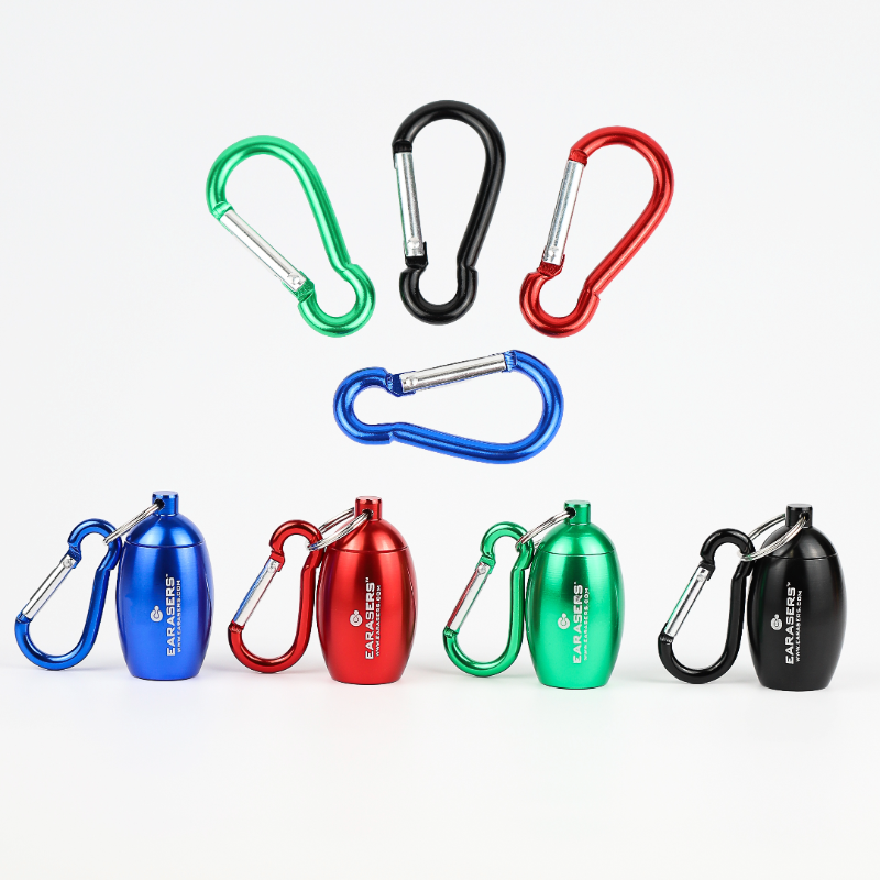 Red green black blue carabiner and matching earasers metal case