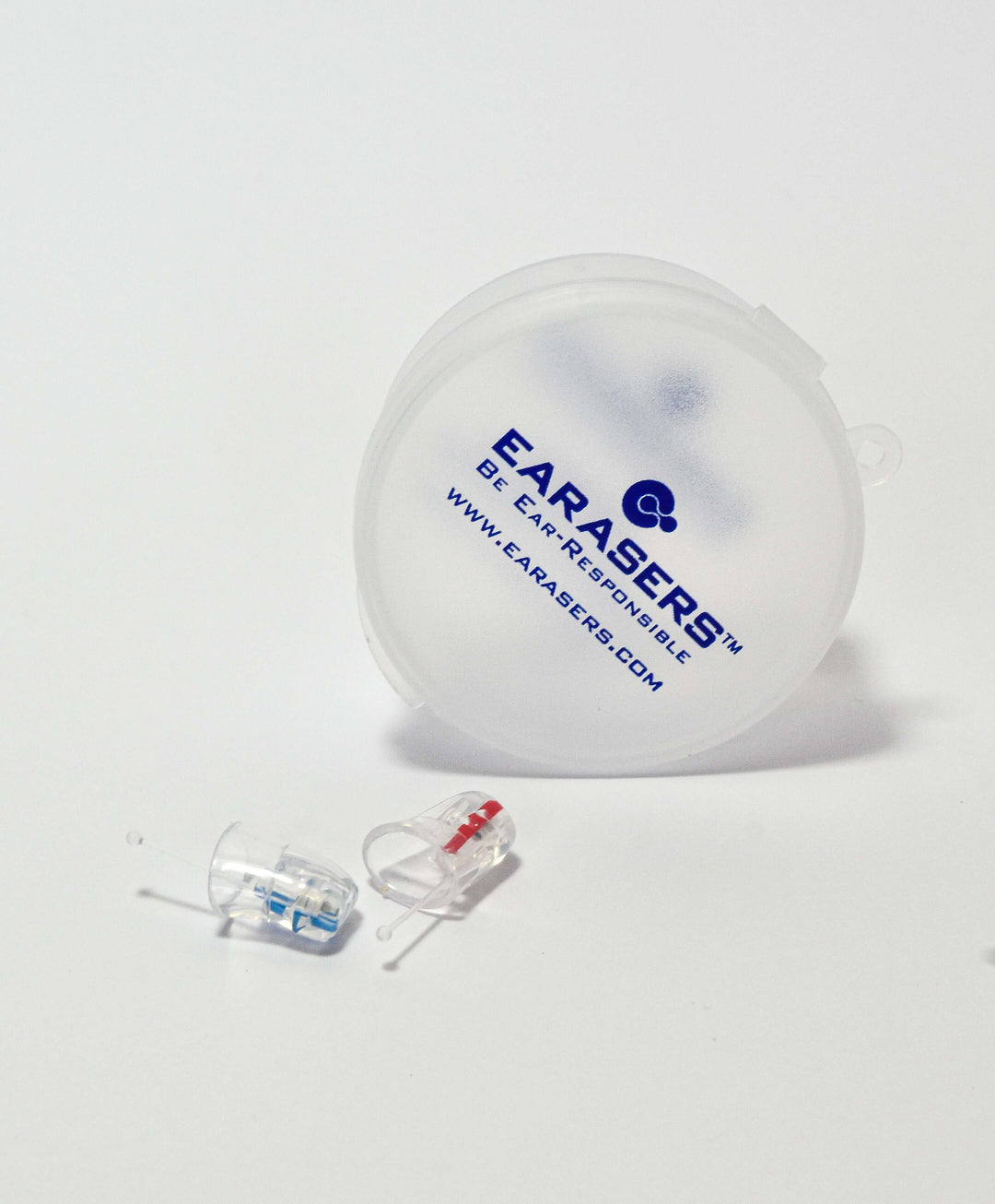 Pair earasers next to carry case