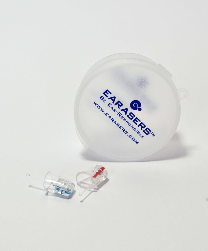 Pair earasers next to carry case