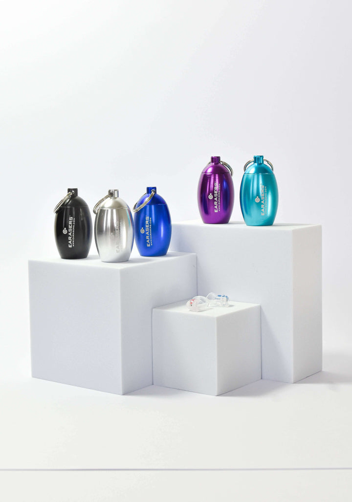 Colorful canisters on a white platform with a white background