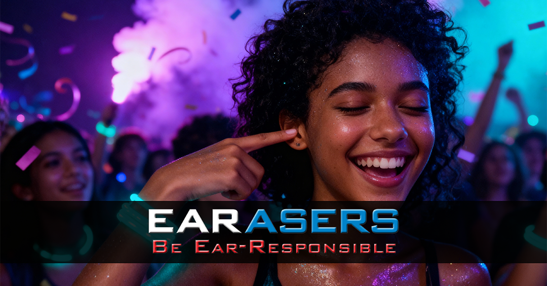 Person with confetti and colorful lights, promoting 'Earasers' with a message about responsible listening.