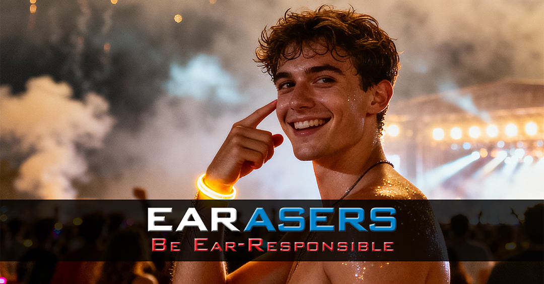 Person with 'Earasers' logo and slogan at a concert-like event
