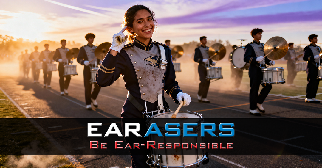 drumline with girl wearing earasers