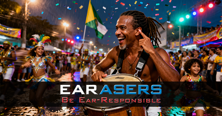 Man playing drums in a festive parade with 'Earasers' advertisement overlay.