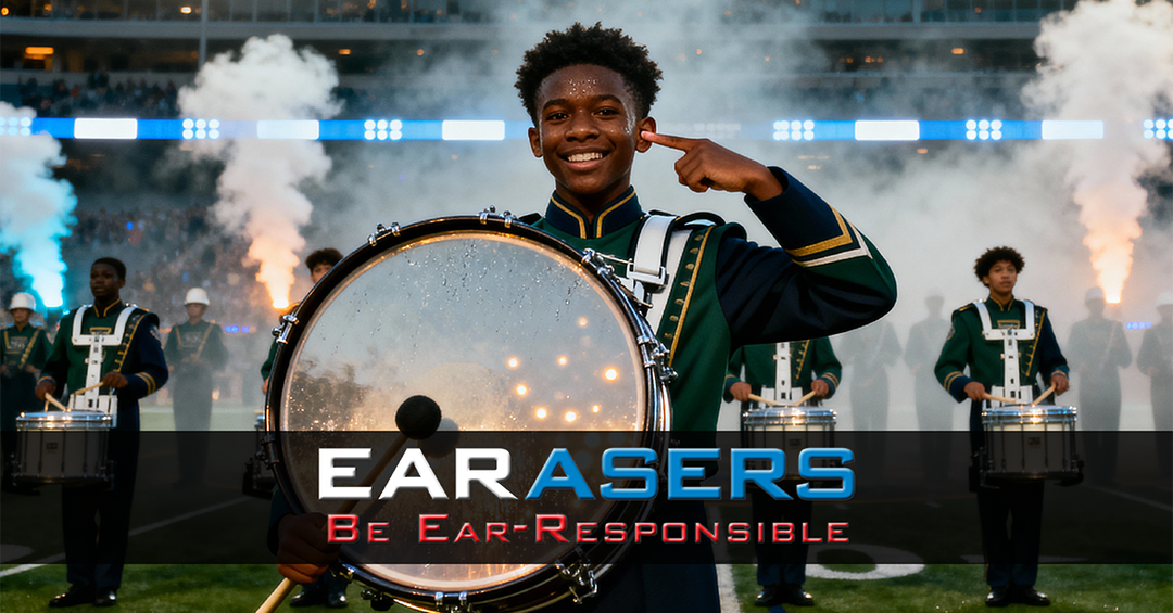 Person playing a large drum with 'Earasers' logo and text in the foreground