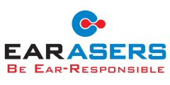 Earasers logo, white letters "EAR" and blue letters "ASERS" with "Be Ear-Responsible" tag line underneath
