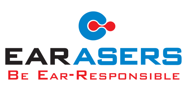 Earasers logo, white letters "EAR" and blue letters "ASERS" with "Be Ear-Responsible" tag line underneath