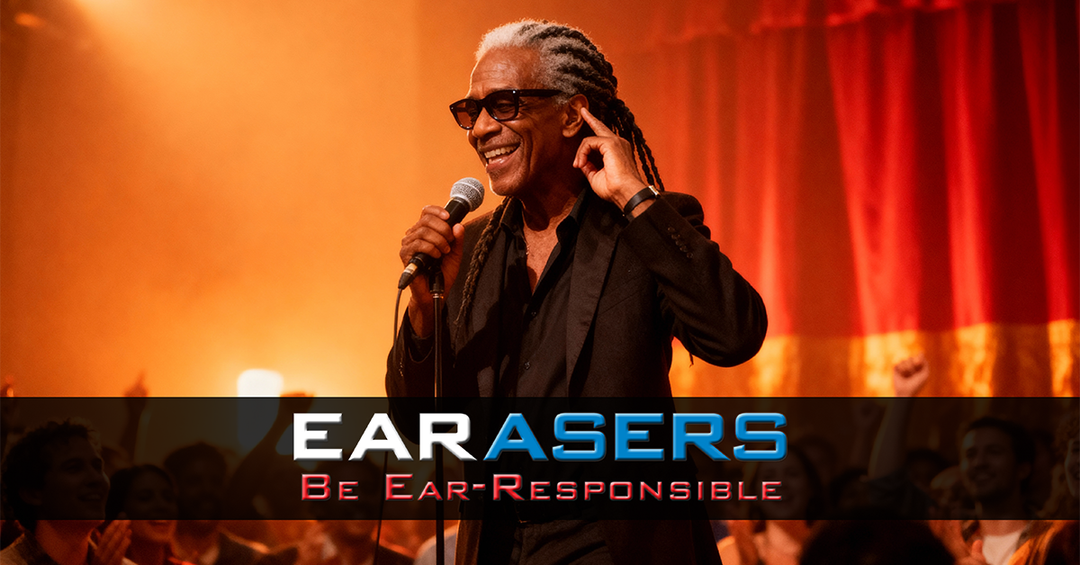 Singer wearing earasers on stage