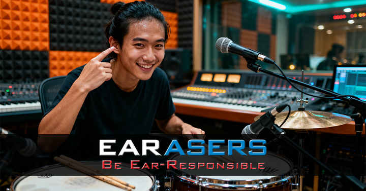 Person in a recording studio with audio equipment and 'Earasers' logo.