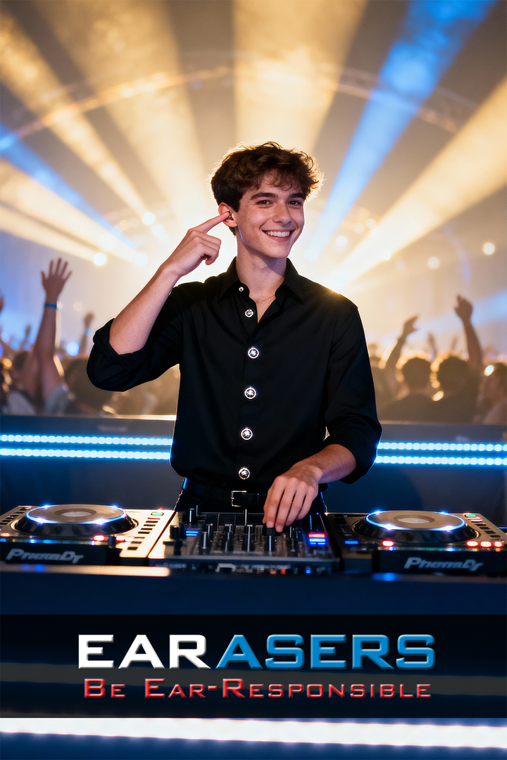 DJ at a concert with 'Earasers' branding and slogan.