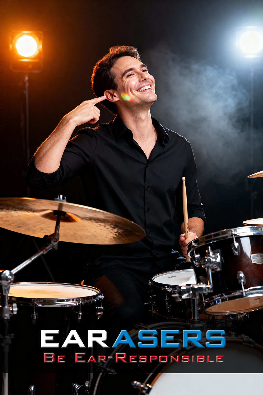 Man playing drums with 'Earasers' advertisement text overlay