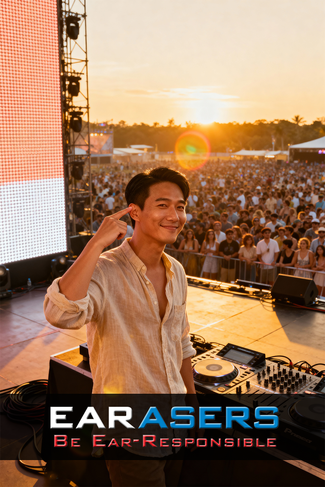 DJ on stage wearing earasers