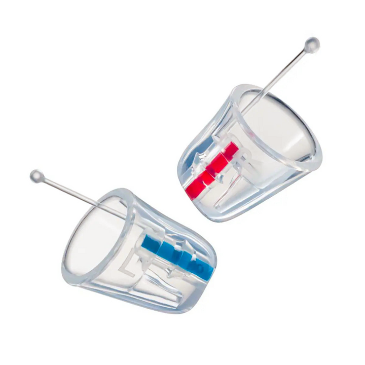 A pair of clear Earasers, one with a blue filter and one with a red filter