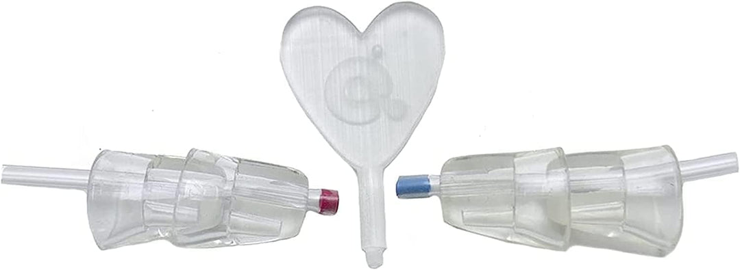 Two earplug sleeves with a heart-shaped removal tool on a white background
