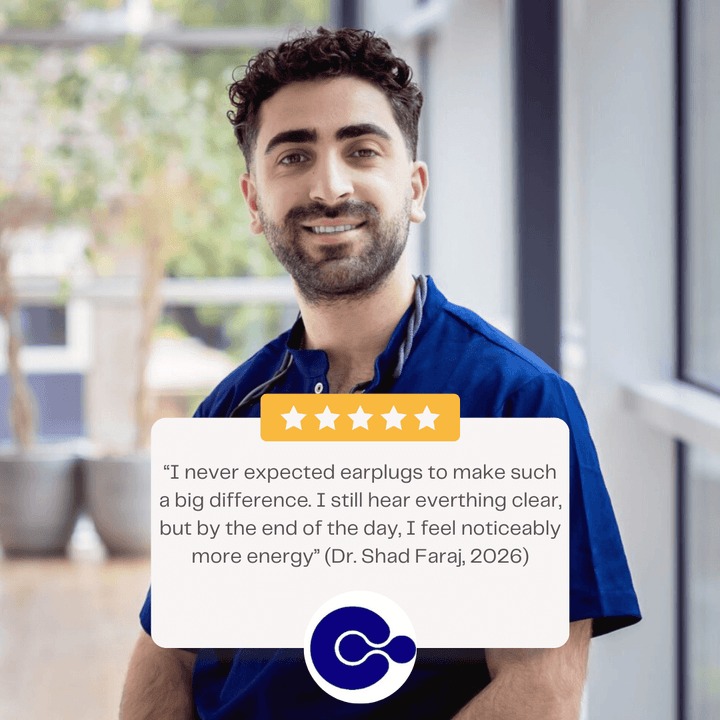 man in blue scrubs smiling at the camera. caption shows 5 stars with the quotation "I never expected earplugs to make such a big difference. I still hear everything clear, but by the end of the day, I feel noticeably more energy (Dr. Shad Faraj, 2026)."