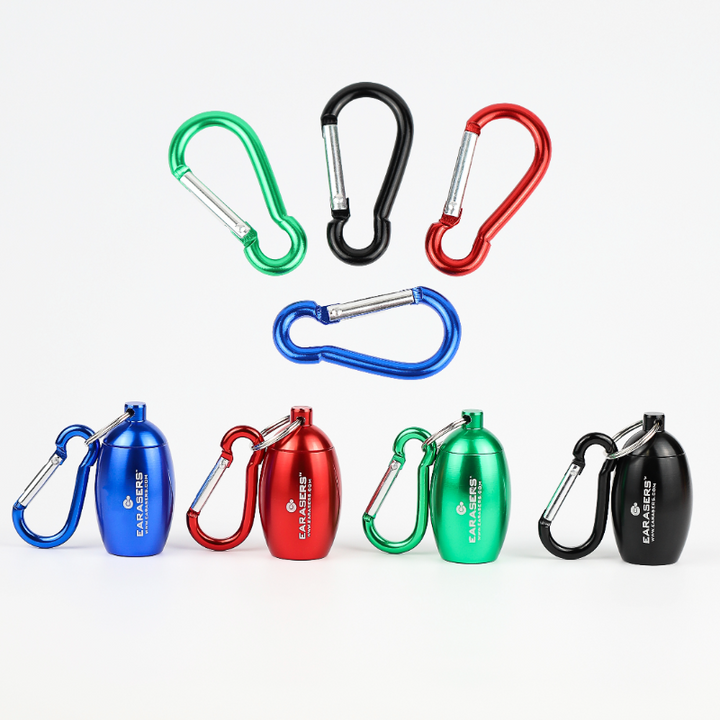 Red green black blue carabiner and matching earasers metal case